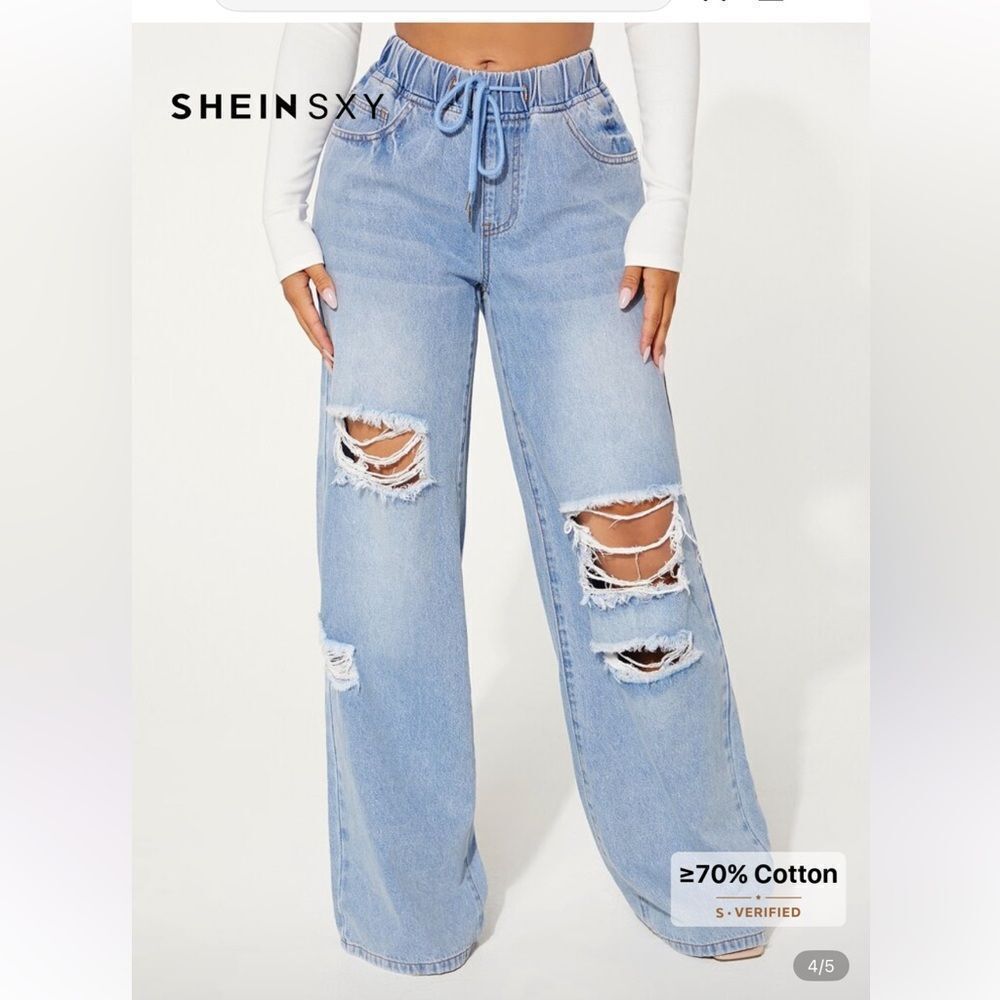 Drawstring Waist Ripped Wide Leg Jeans Large 8/10 - Picture 5 of 7